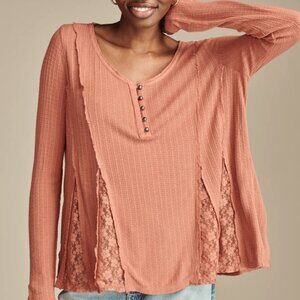 Lucky Brand Women's Size XL Terracotta Lace Godet Swing Henley Bohemian Top